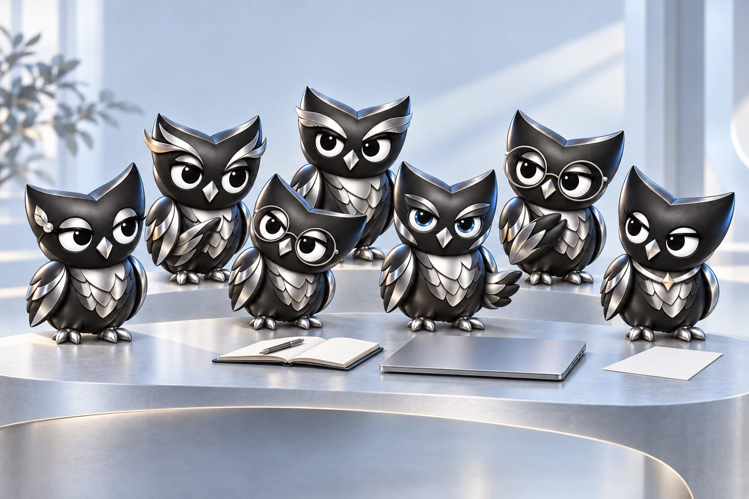 Owly’s seven black-and-silver characters gathered around a desk: Luna with a pearl clasp, Iris with swept brows, Finn and Vera in spectacles, Atlas, blue-eyed Sterling and star-wearing Nova.