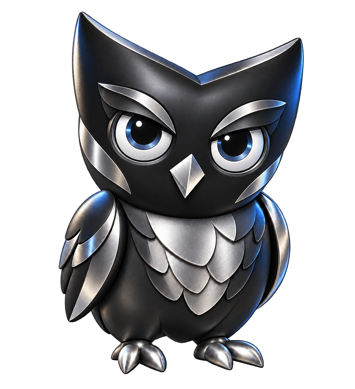 Owly, the black and silver desktop companion with expressive silver brows, steel-blue eyes and a brushed-silver feathered chest.