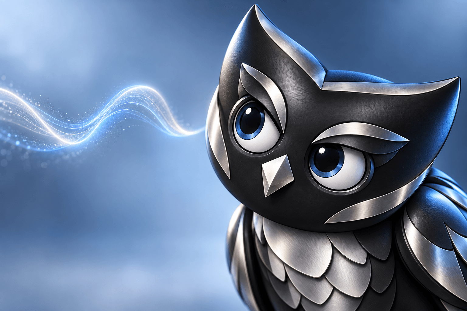 A close-up of blue-eyed Owly listening with his head tilted beside a soft audio wave.