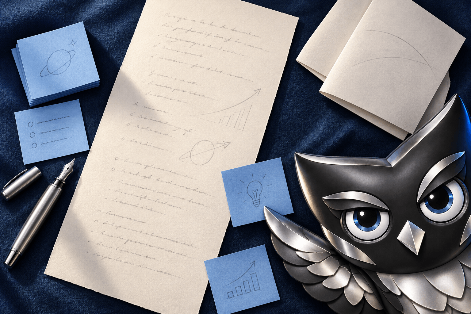 An overhead arrangement of cream draft pages and blue notes, with Owly peeking into the frame.