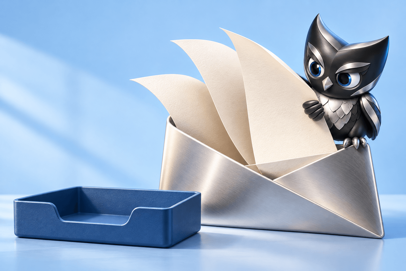 Owly perched on a sculpted silver envelope, holding a cream letter beside a blue review tray.