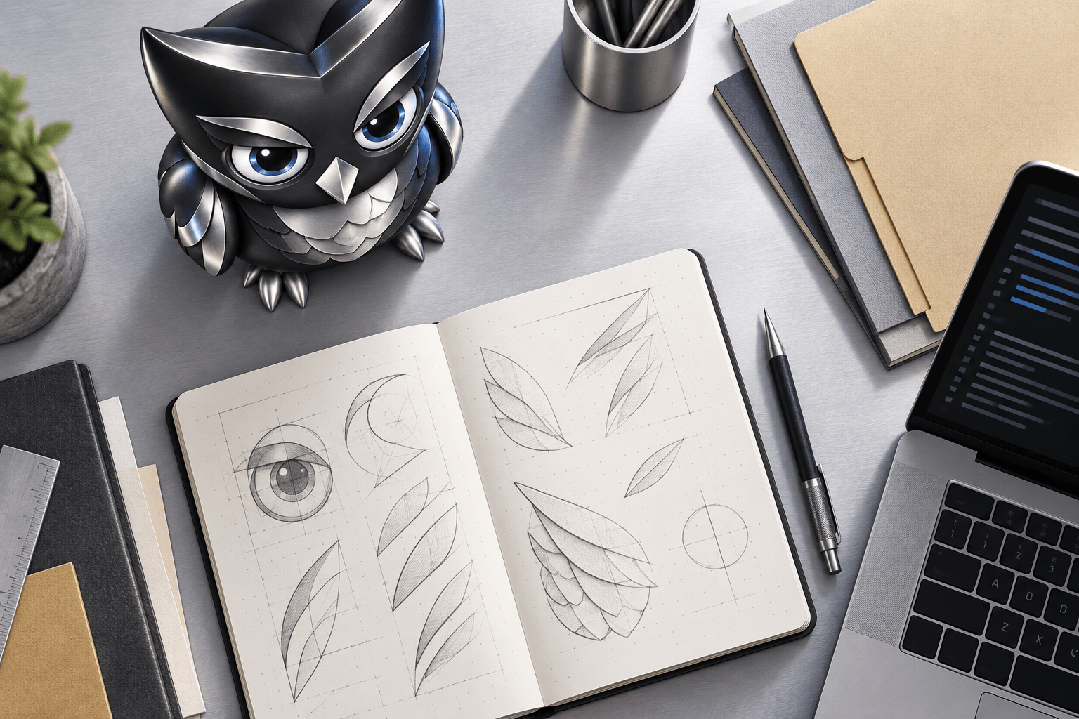 An overhead view of Owly with a sketchbook, organized files and the edge of a laptop on a pale workbench.
