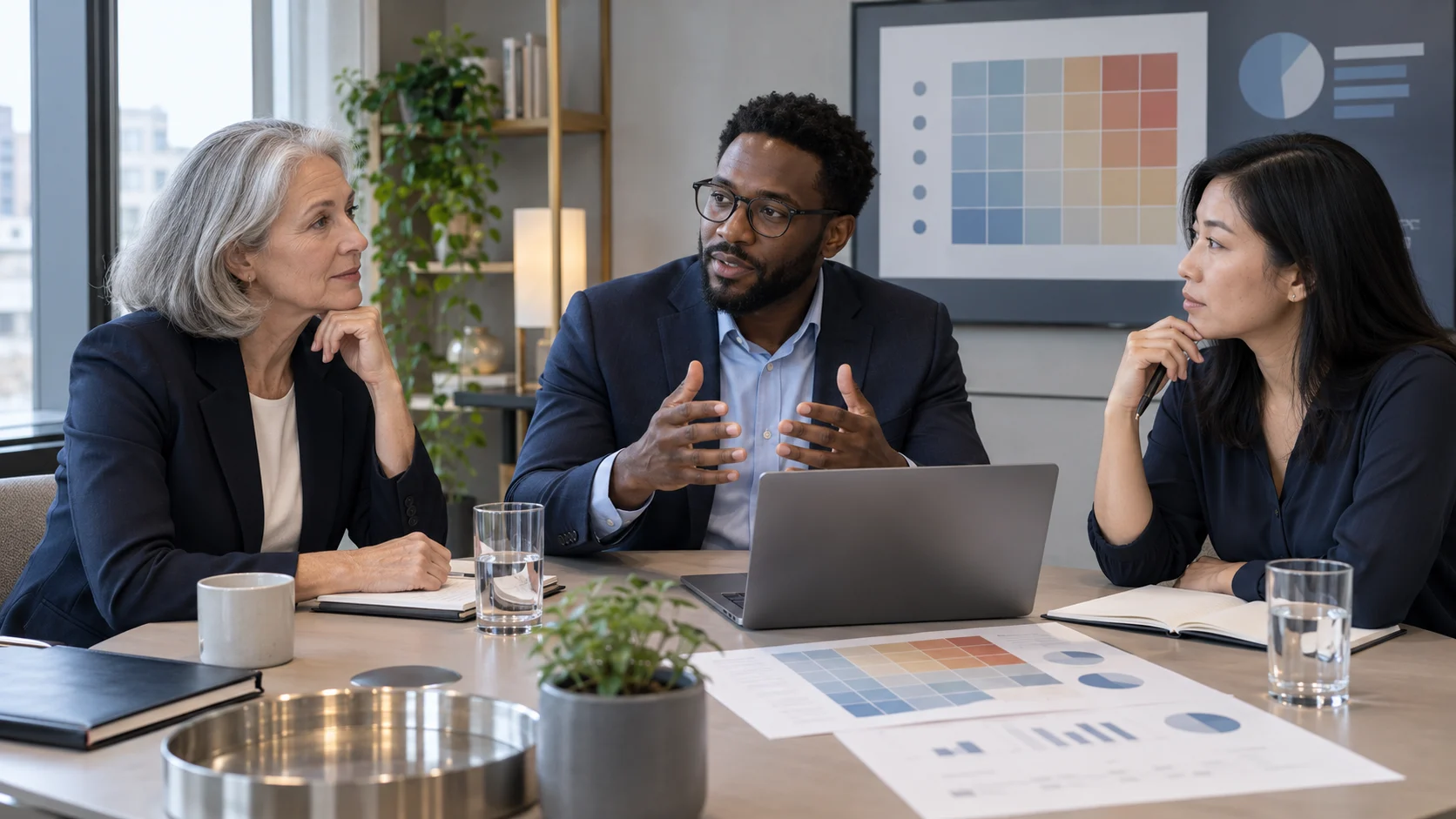 Principle Control Three professionals reviewing an AI risk matrix together.