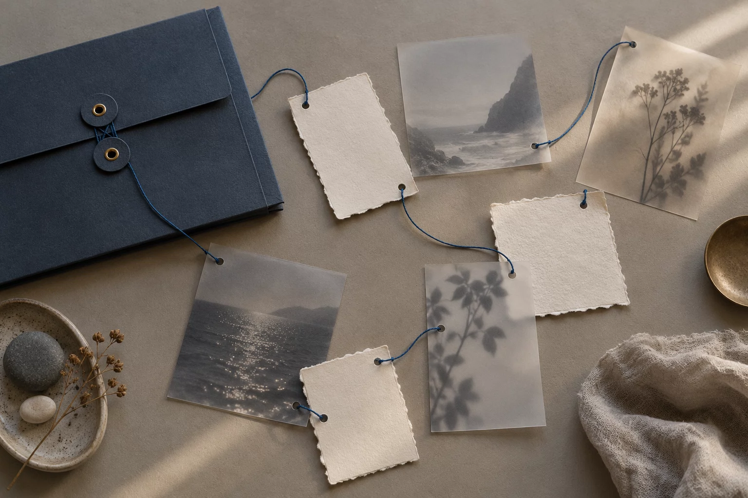 Concept illustration of a blue thread connecting source cards and photographs to a document folder, representing a traceable record.