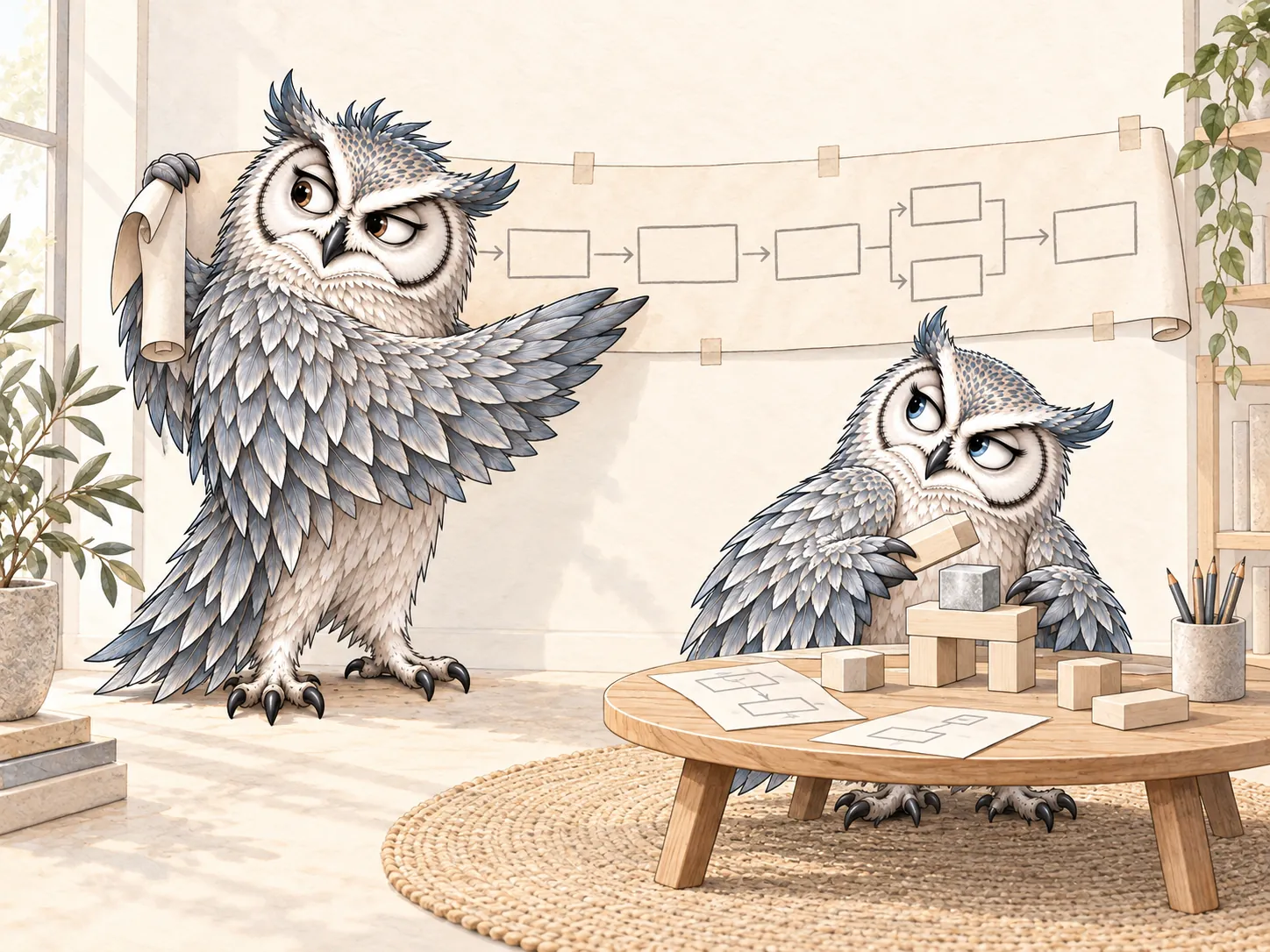 Illustration of the two Silver Owl mascots mapping a process on a paper strip and building a model to match.