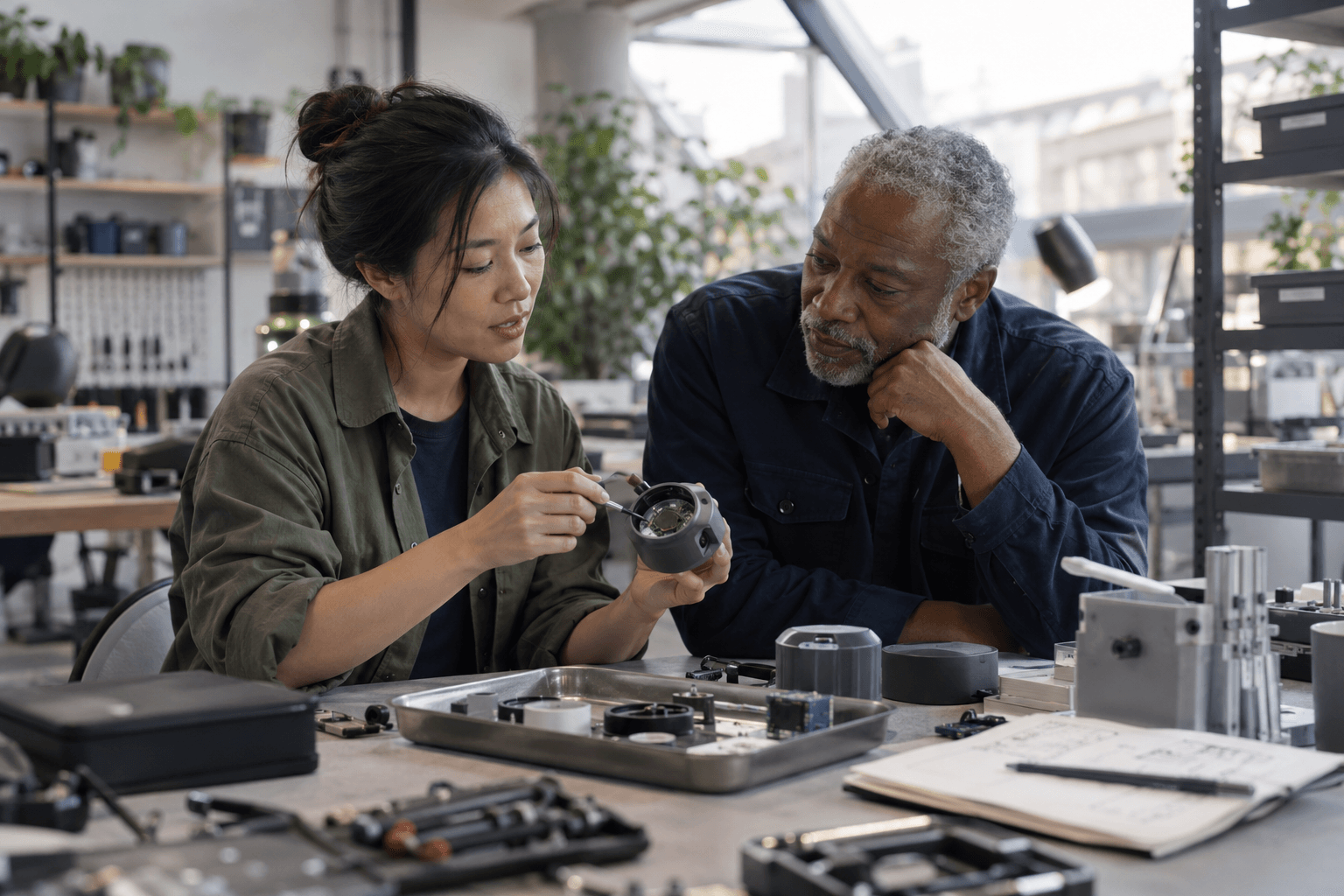 Concept illustration: Two engineers collaboratively inspecting a small sensor housing at a workbench.