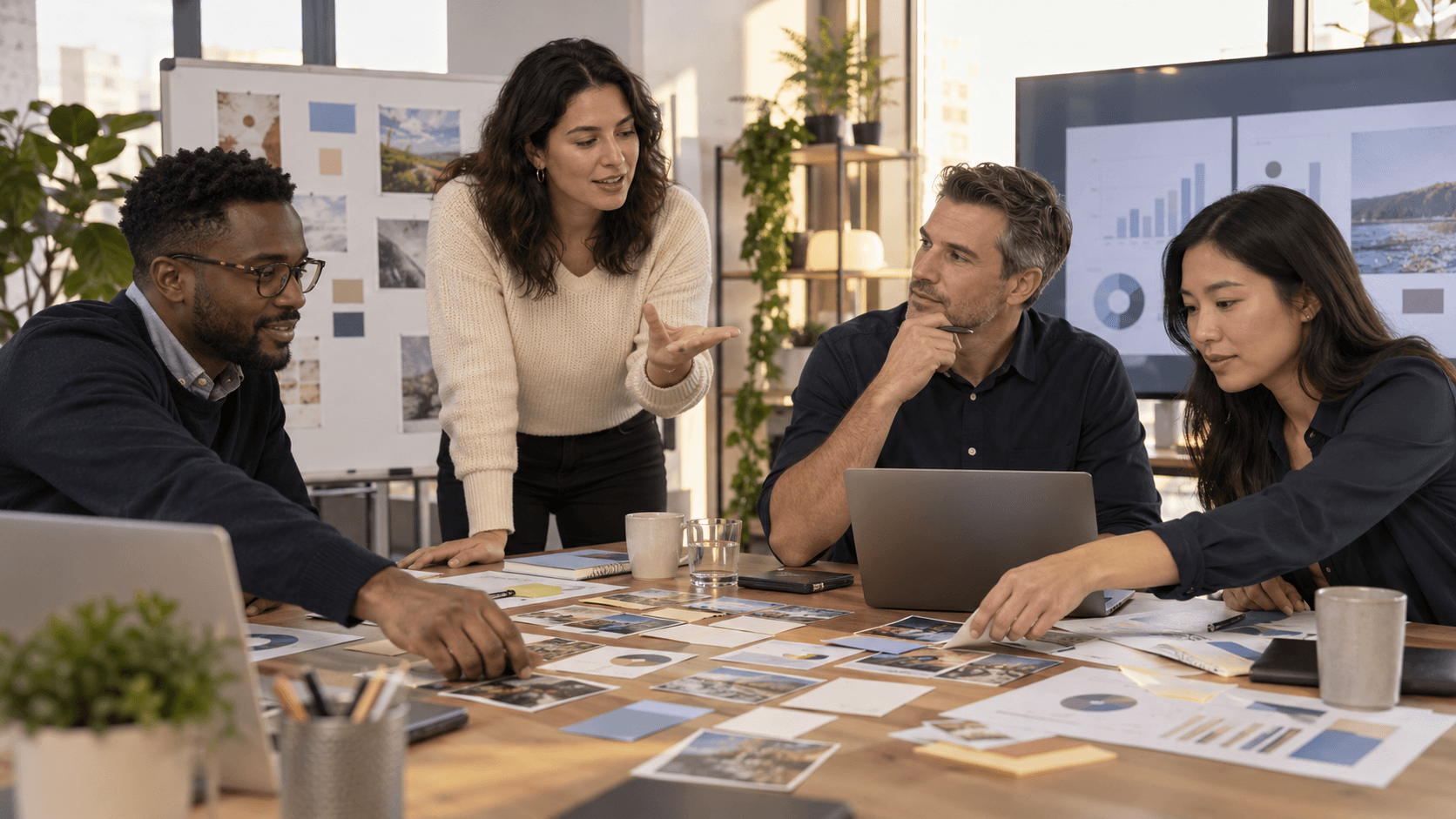 Home First Change A team choosing and arranging campaign ideas around a shared worktable.