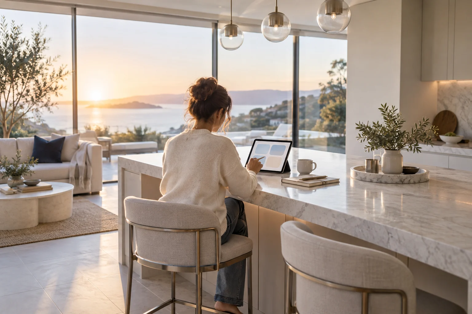 Concept illustration of a person using a tablet at a kitchen island in a sunlit home.