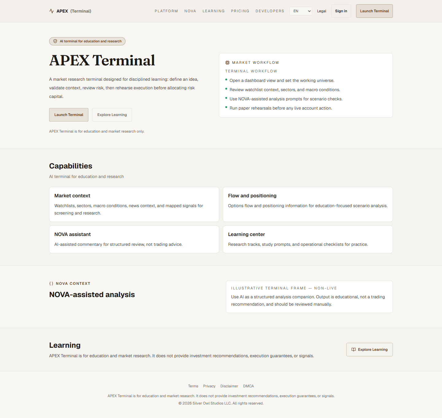 APEX Terminal public landing page in its day theme