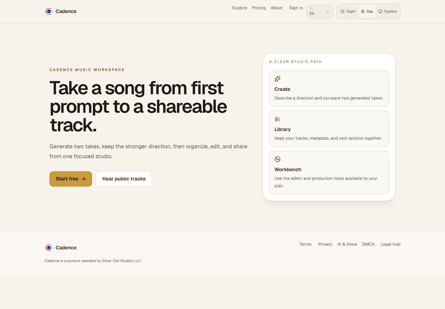 Cadence public landing page in its day theme