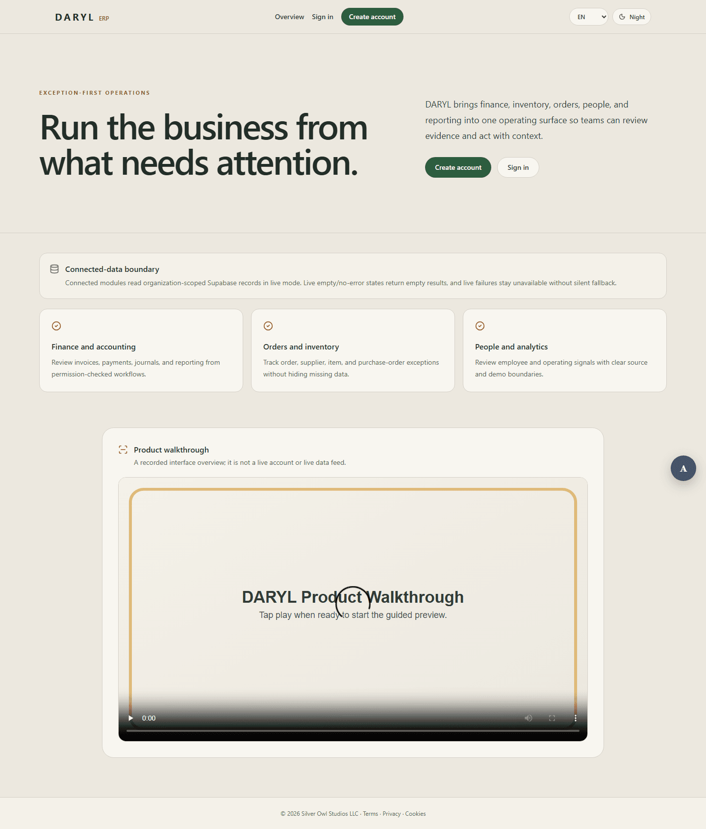 DARYL ERP public landing page in its day theme