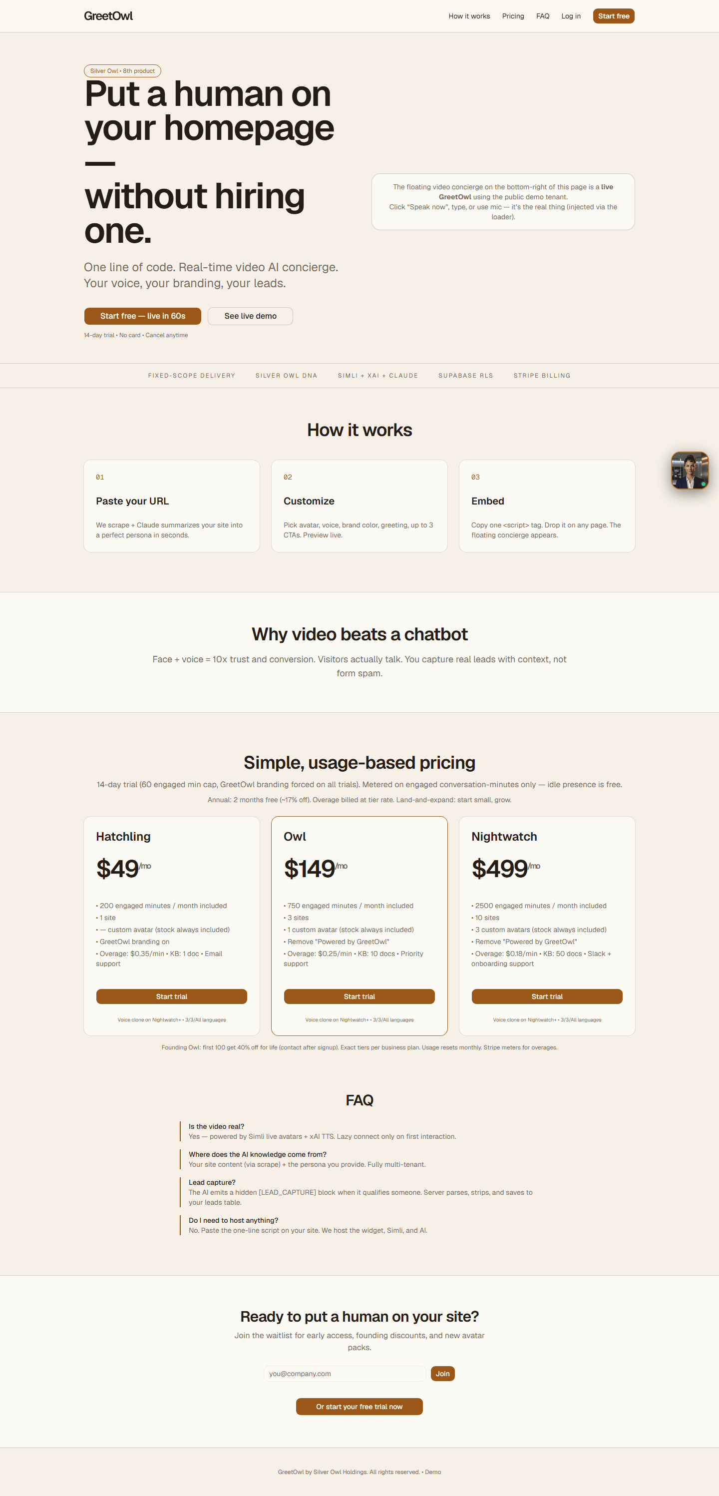 GreetOwl public landing page in its day theme