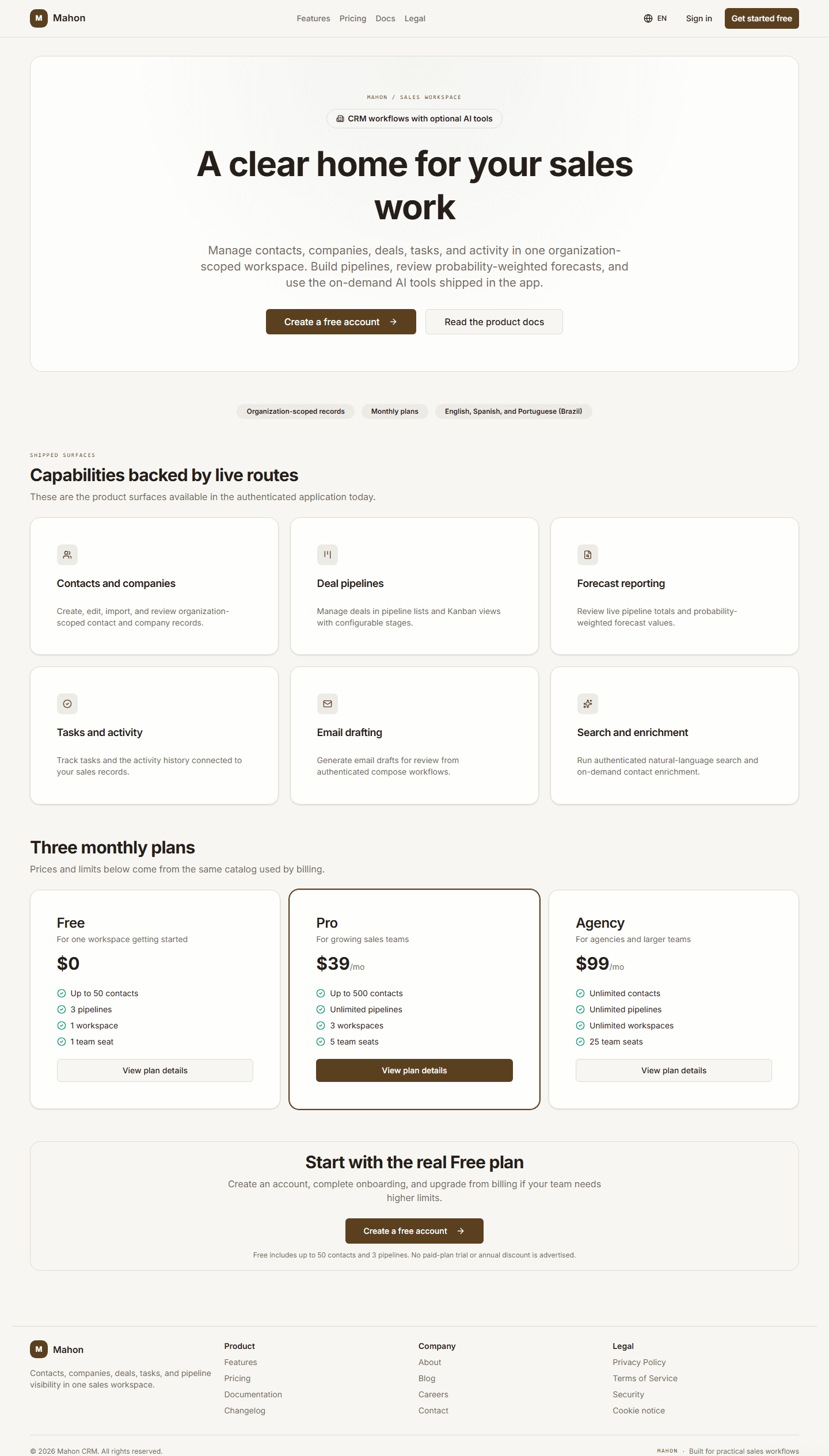 Mahon CRM public landing page in its day theme