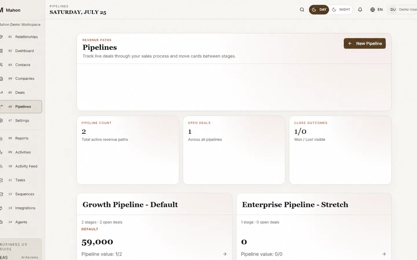 Mahon CRM workflow-card showing pipeline workspace