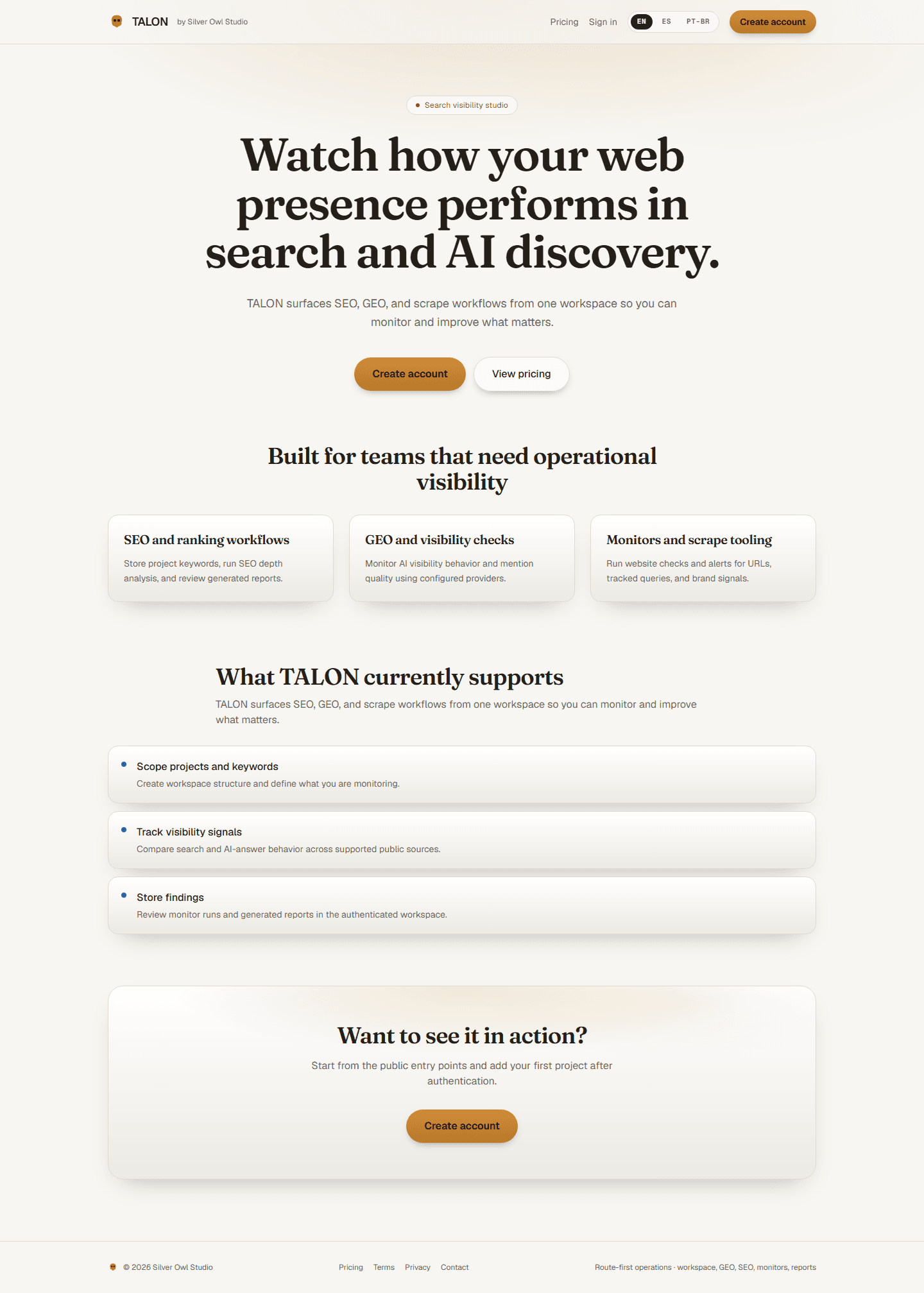 Talon public landing page in its day theme