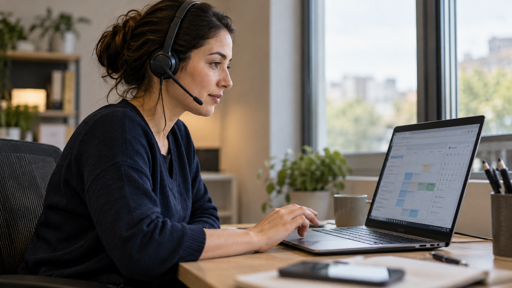 A customer-service professional pauses over a laptop during a headset conversation.