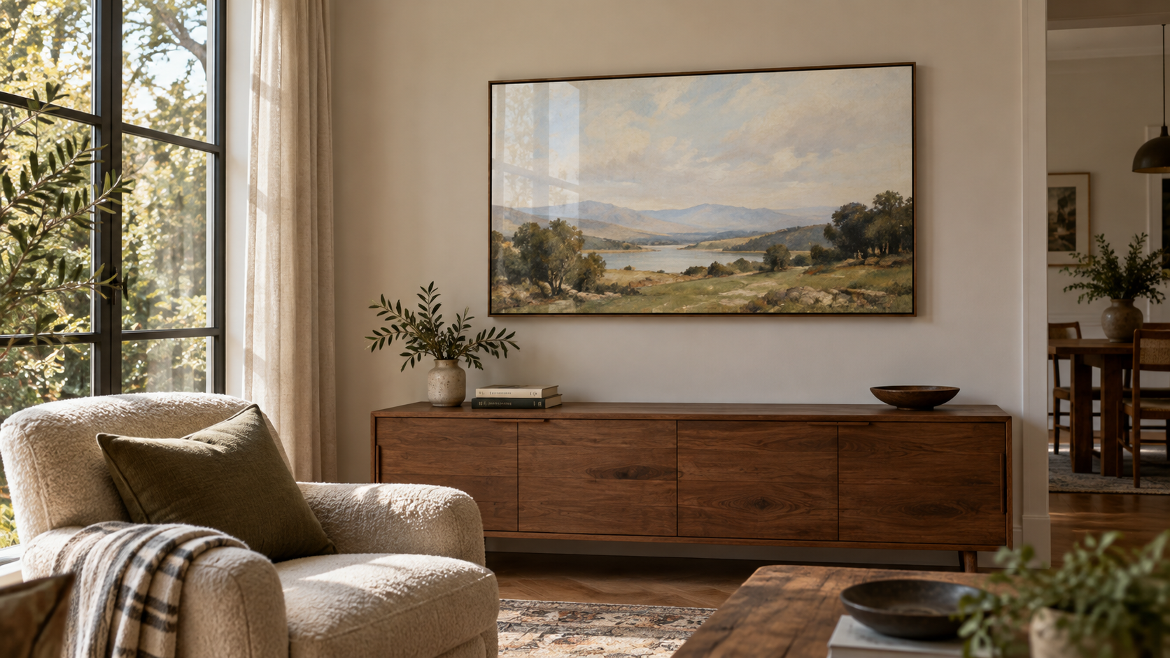 A framed digital art display in a naturally lit living room.
