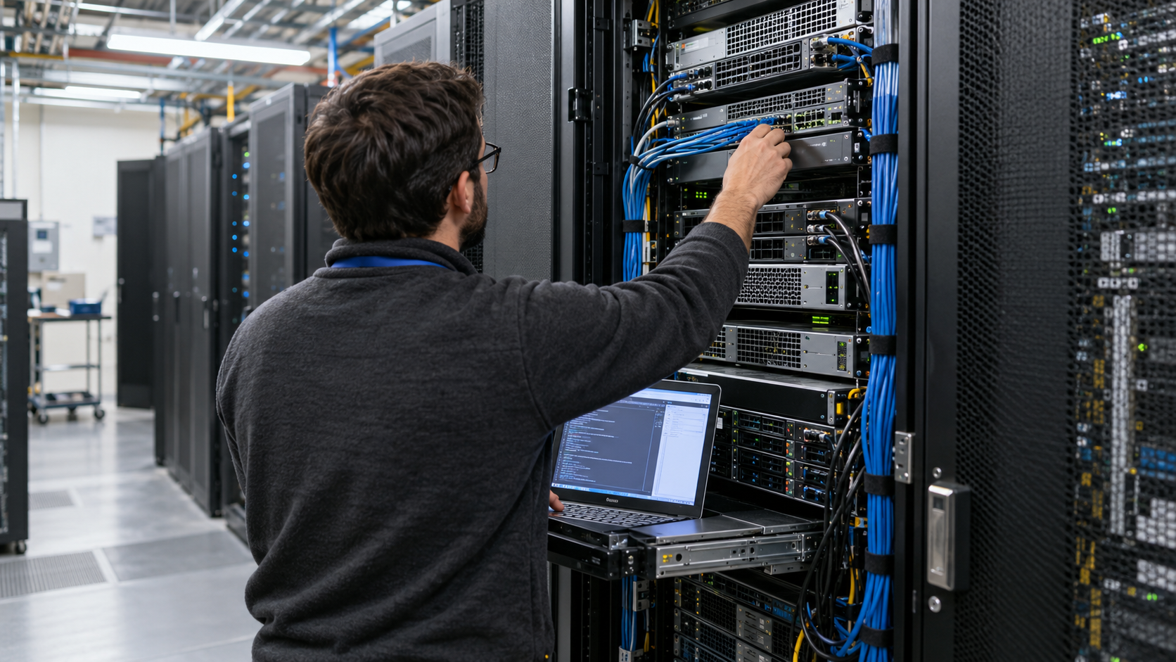 An engineer checks server-rack connections beside a service laptop.