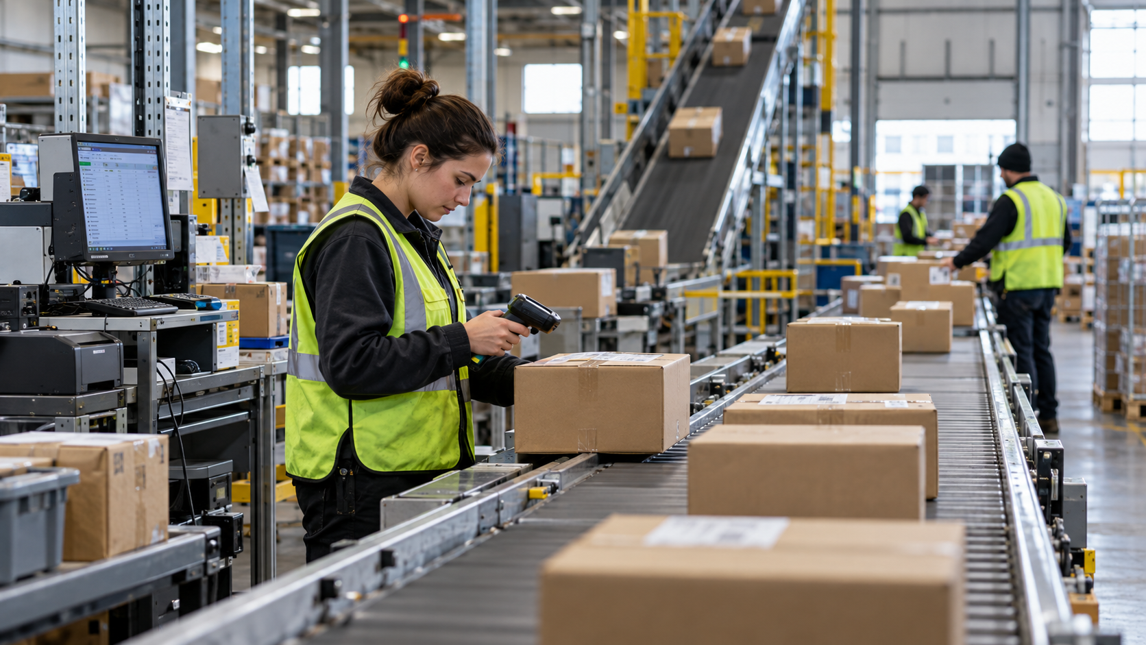 A parcel-hub employee checks a shipment with a handheld scanner.