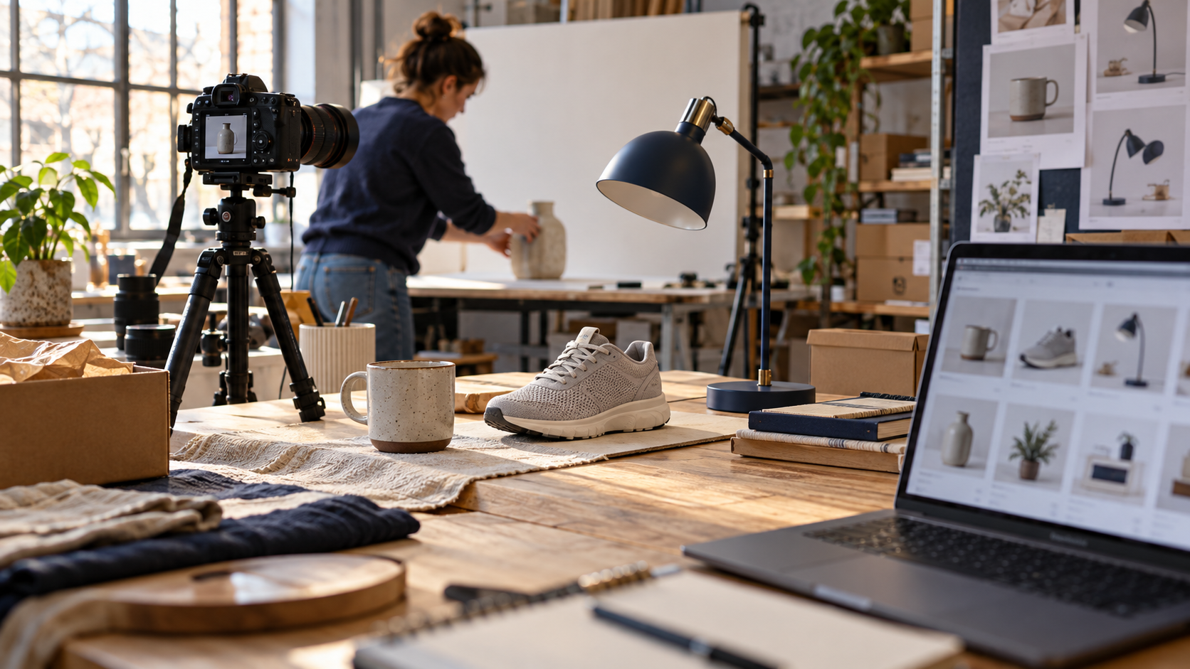 A product photography workstation with household items and a digital catalog.