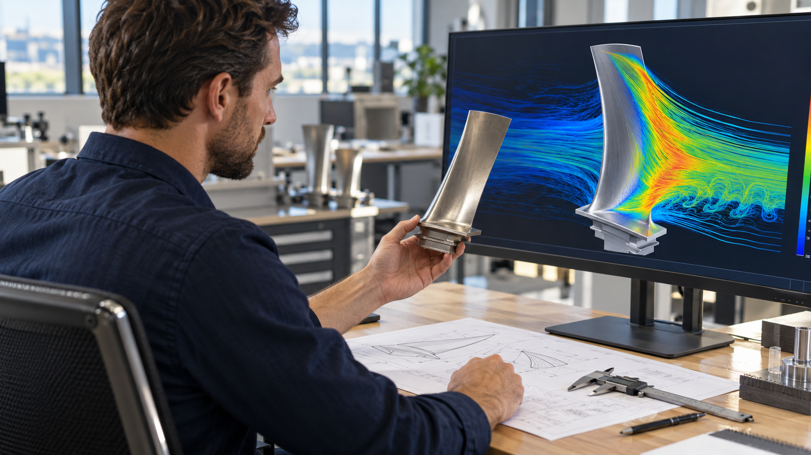 An engineer compares a machined turbine blade with a flow simulation on screen.