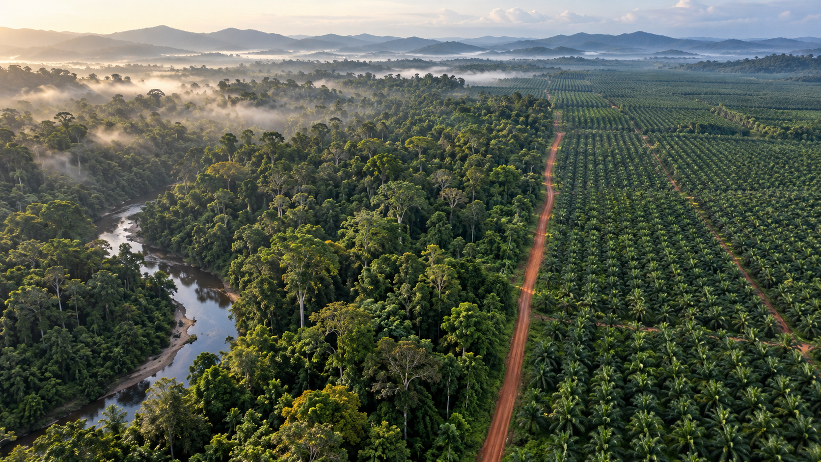 Aerial view of natural rainforest meeting the straight rows of a plantation.