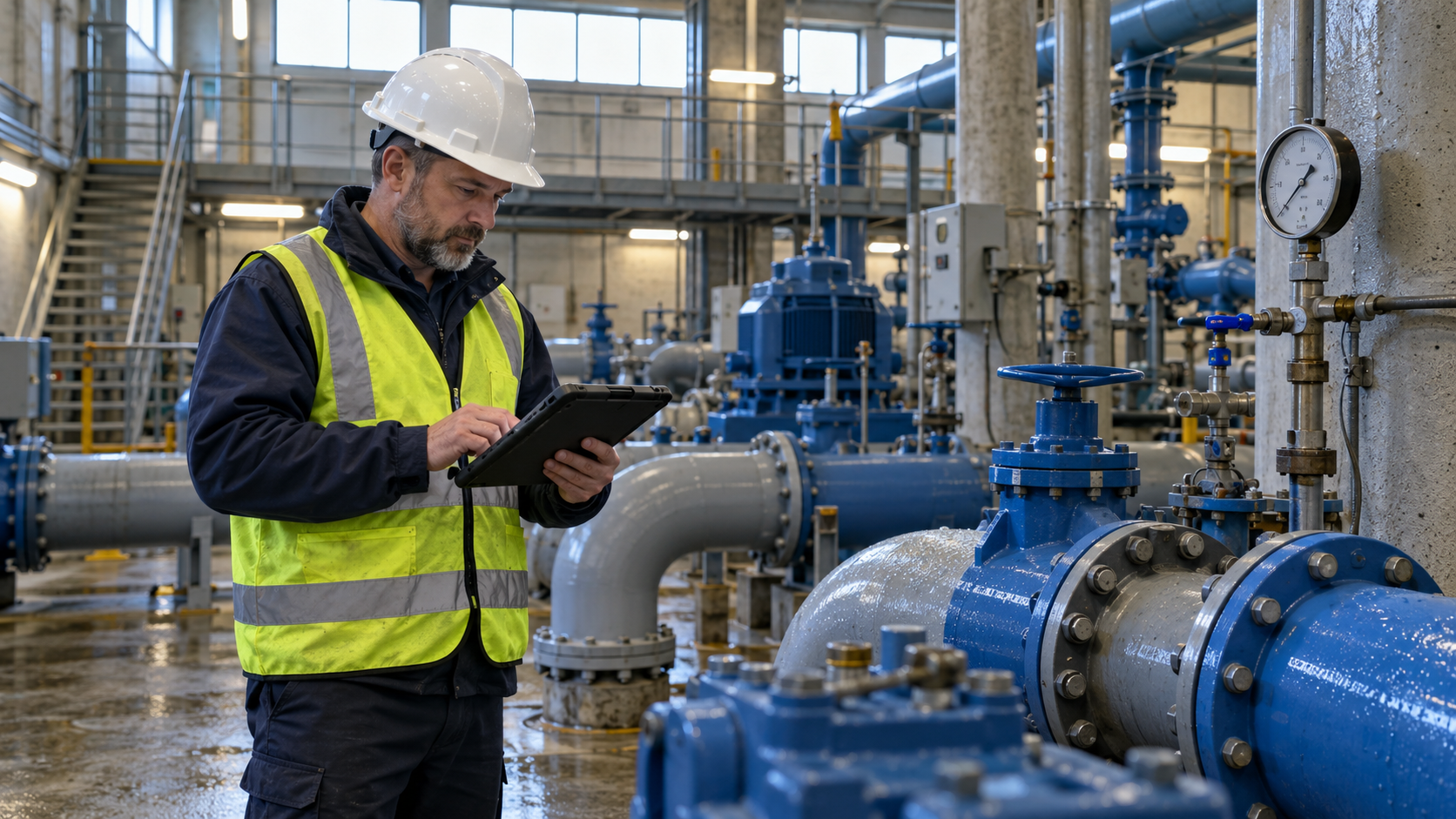 A water-treatment operator checks a tablet among pipes and pumps.