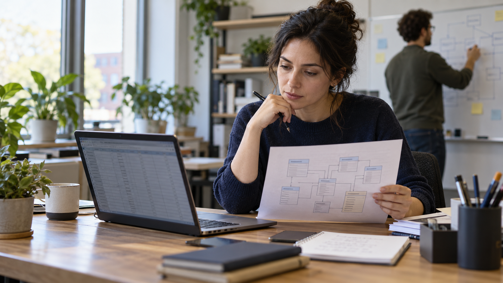 An analyst compares a laptop spreadsheet with a printed database diagram.