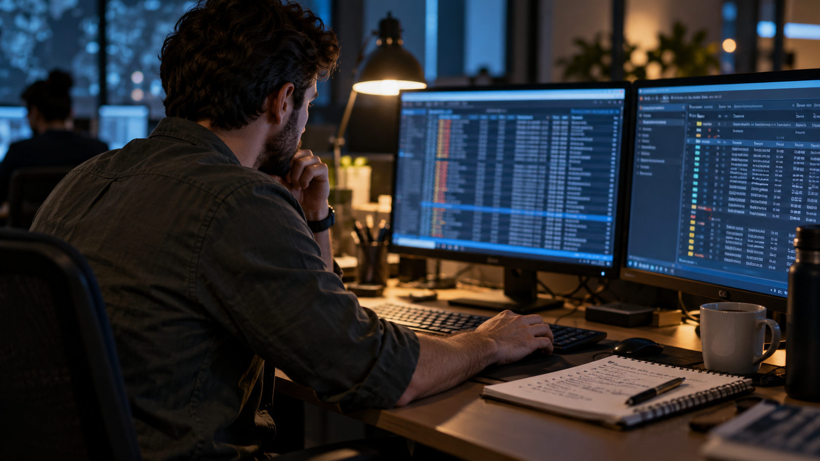 A security analyst reviews log tables on two monitors late in the evening.