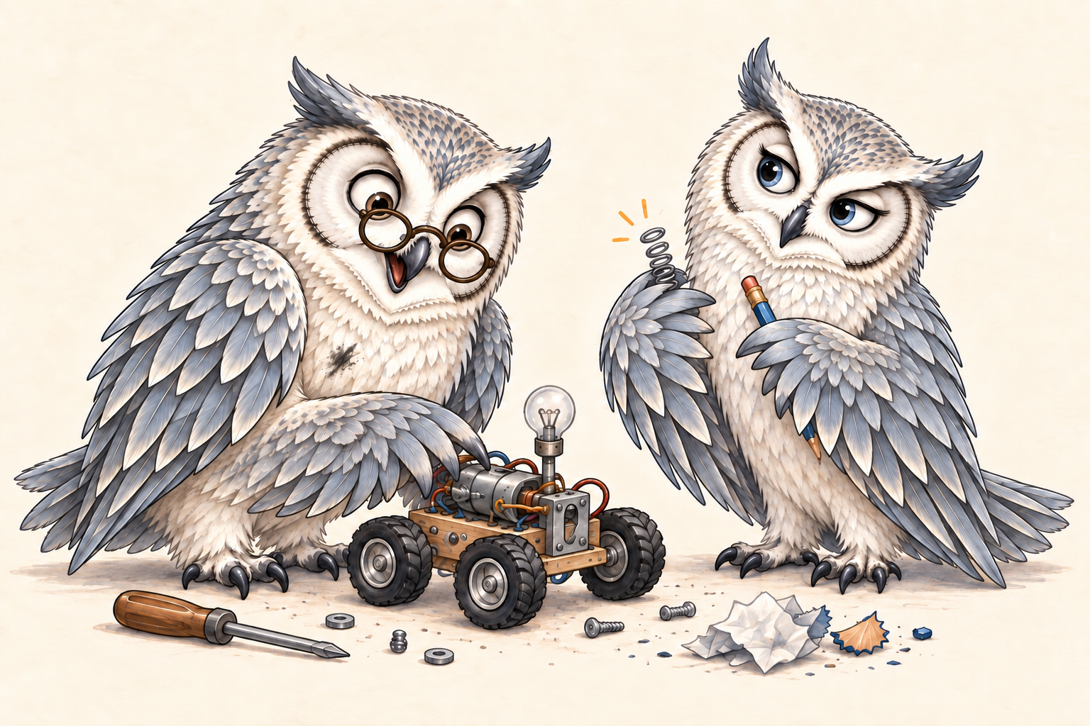 Silver Owl and his owl colleague consider a small wheeled prototype at their workbench, with both complete owl figures visible.