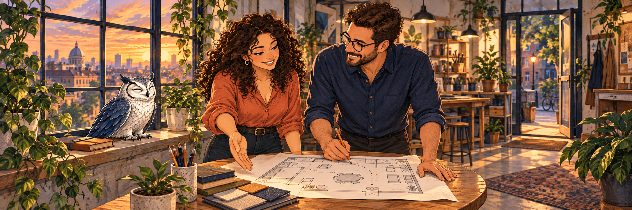 Mara and Owen review the workshop floor plan together at sunset while Silver Owl perches beside his notebook.