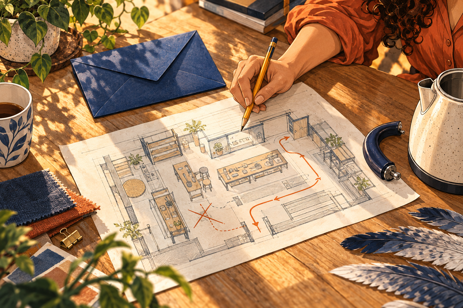 Mara marks a clear route on the workshop floor plan beside a closed navy envelope, fabric swatches and a kettle; part of Silver Owl’s wing appears at the edge.