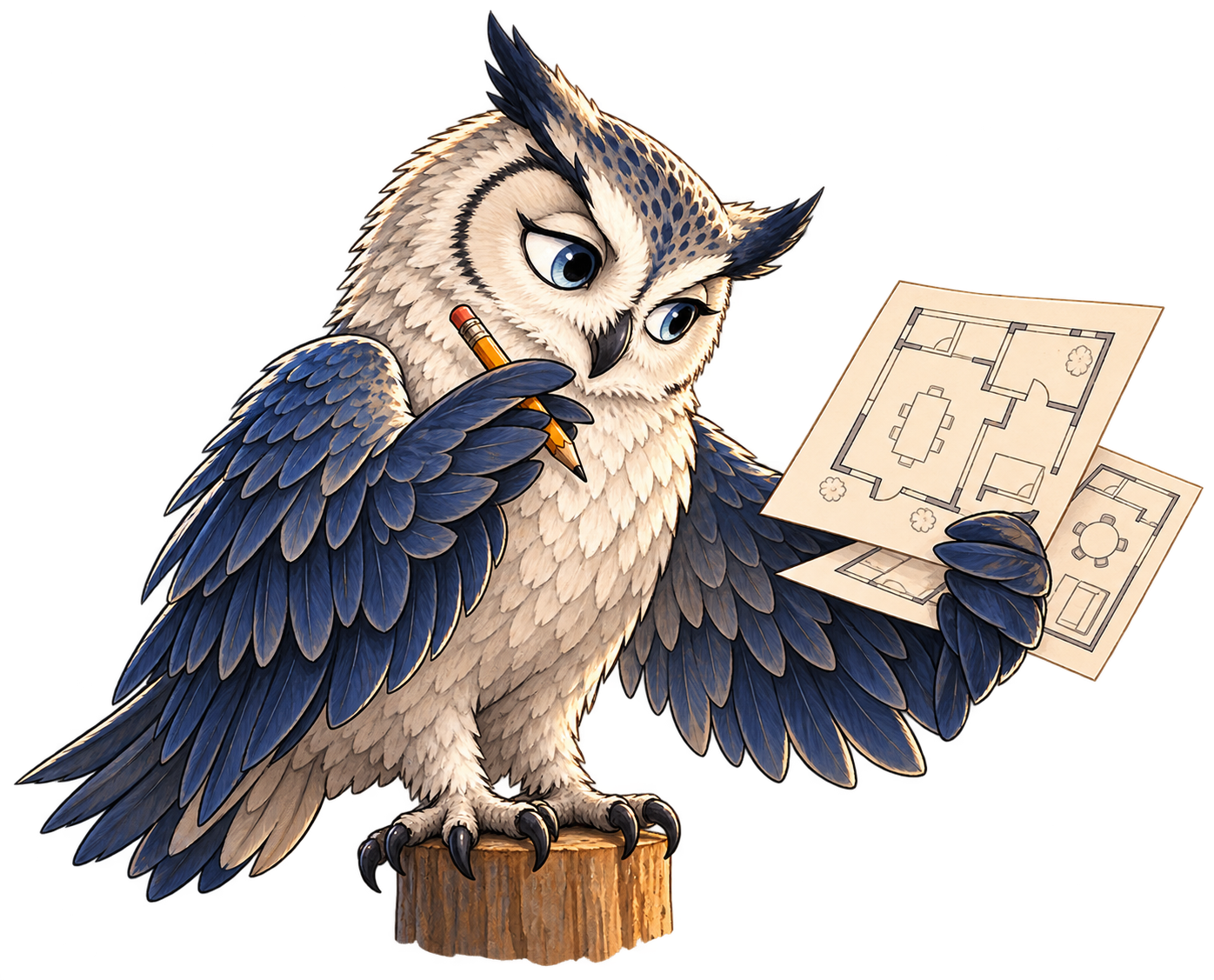 Silver Owl studies two floor plans, holding a pencil to his beak, with his silver feathers and navy wings against a transparent background.
