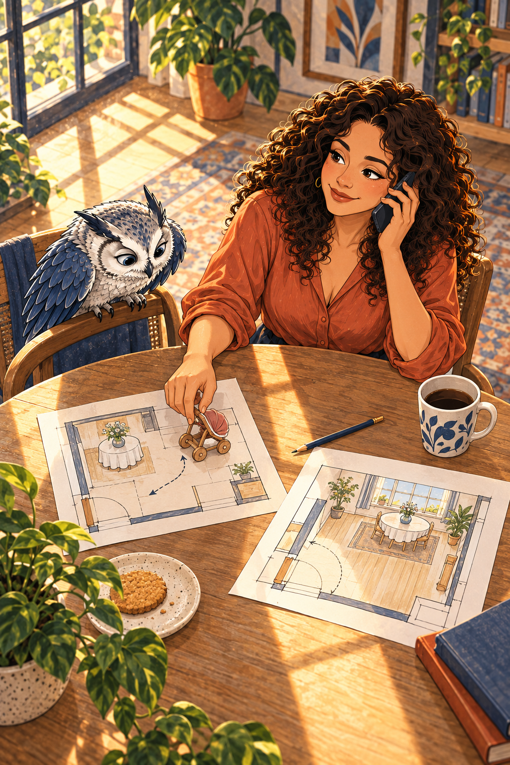 Mara talks on the telephone at a wooden table with two layout drawings, a small pushchair model and a mug; Silver Owl watches from a chair.