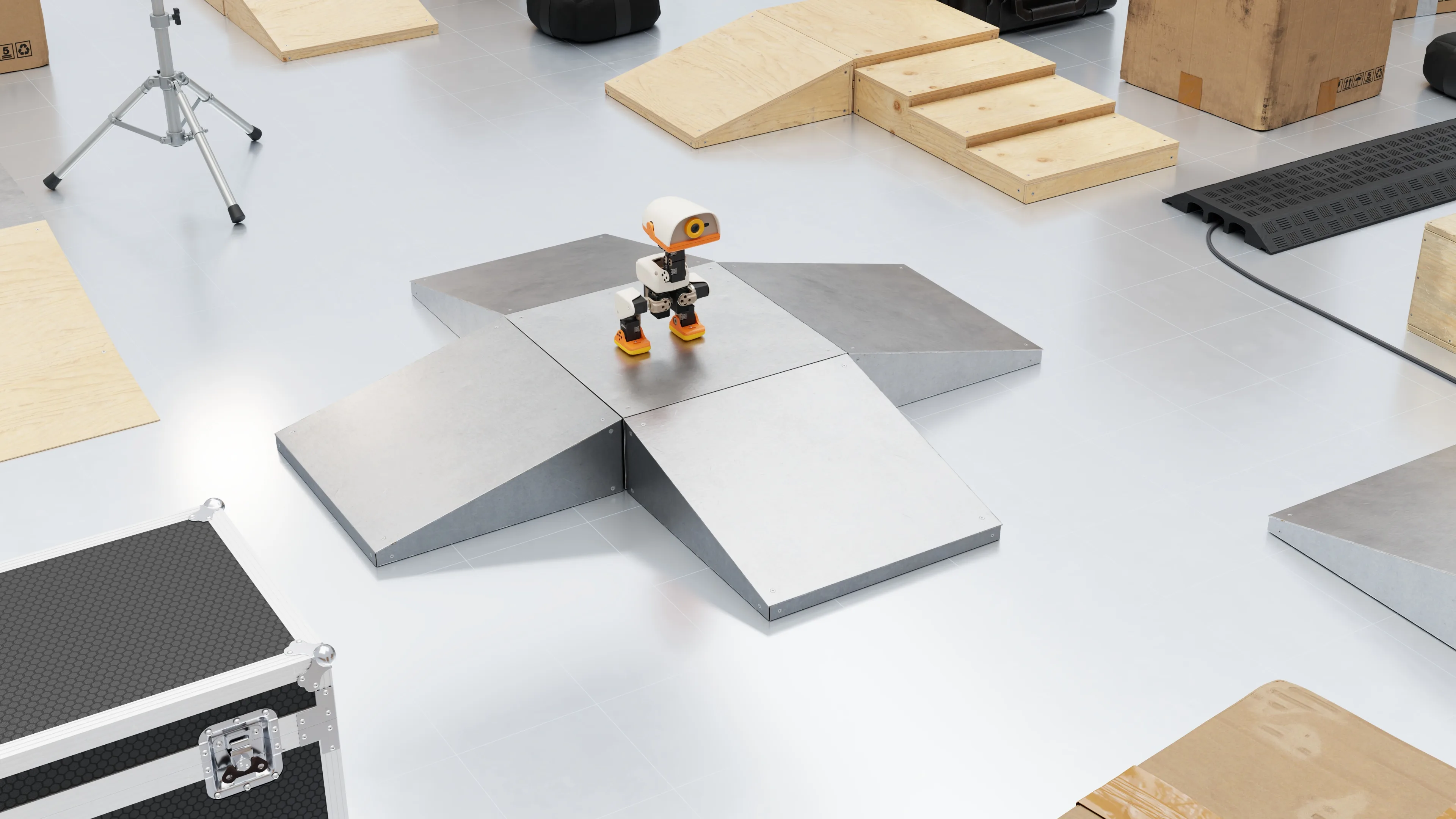 Microduck robot in an Isaac Sim obstacle-course demonstration presented by NVIDIA.