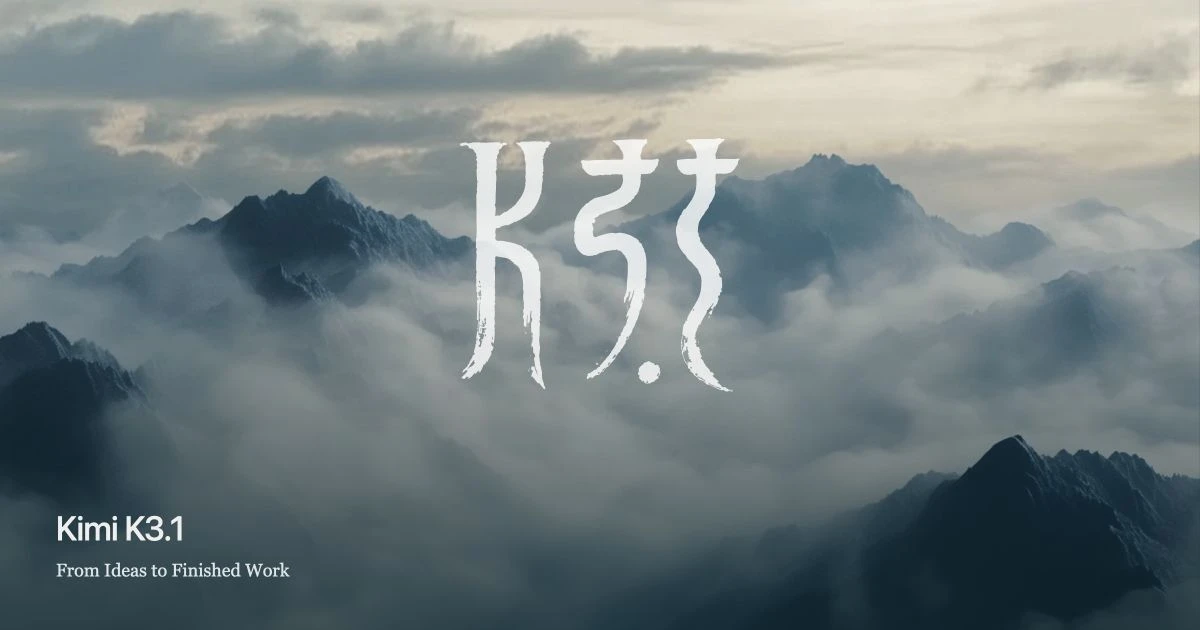 Moonshot's Kimi K3.1 launch artwork with its model branding over a mountain landscape.