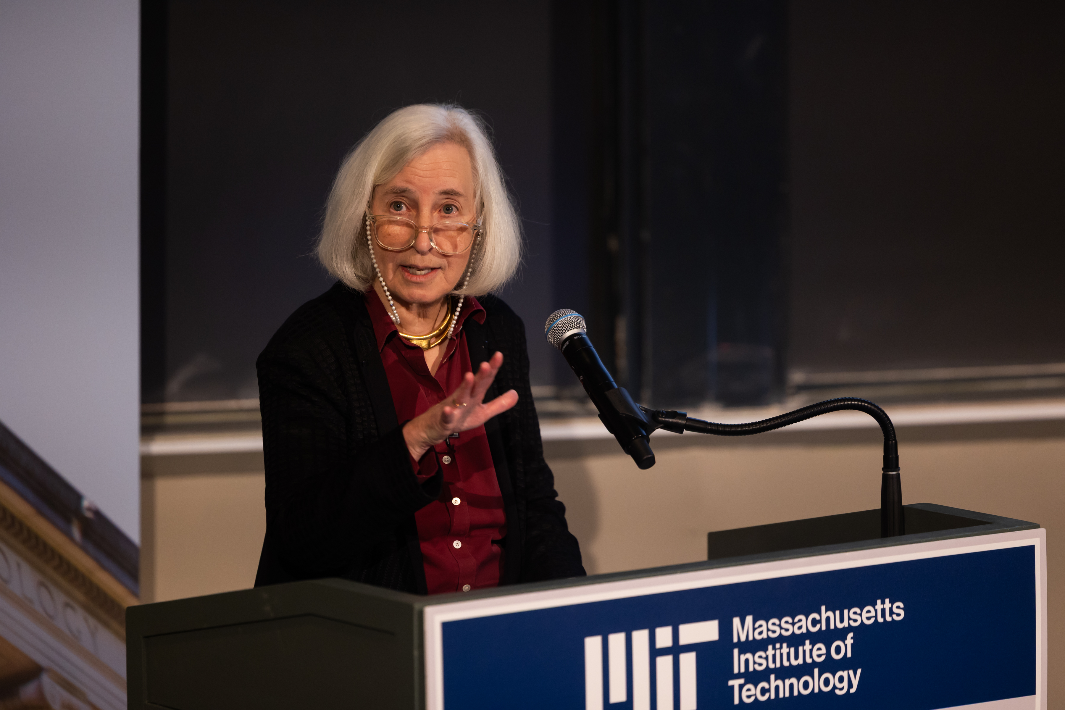 Martha Minow speaking at MIT's Compton Lecture, photographed by Jake Belcher.