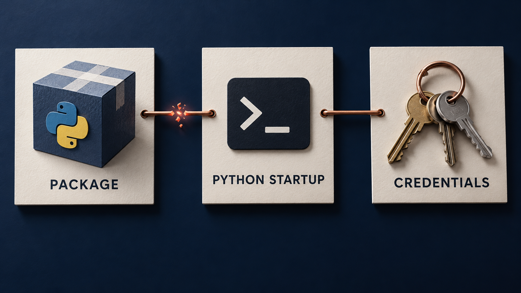 Conceptual sequence showing a compromised software package, Python startup and exposed credentials; Microsoft Security reported the investigation.