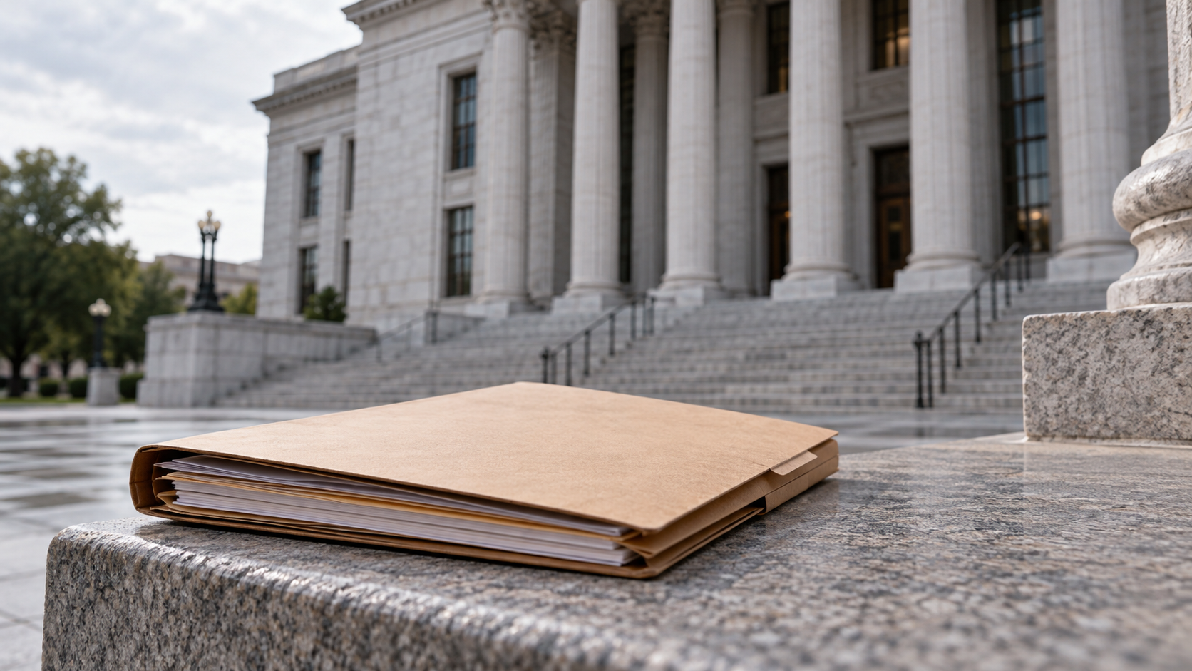 Conceptual courthouse and case file, with OpenAI branding identifying the company named in the Texas lawsuit.