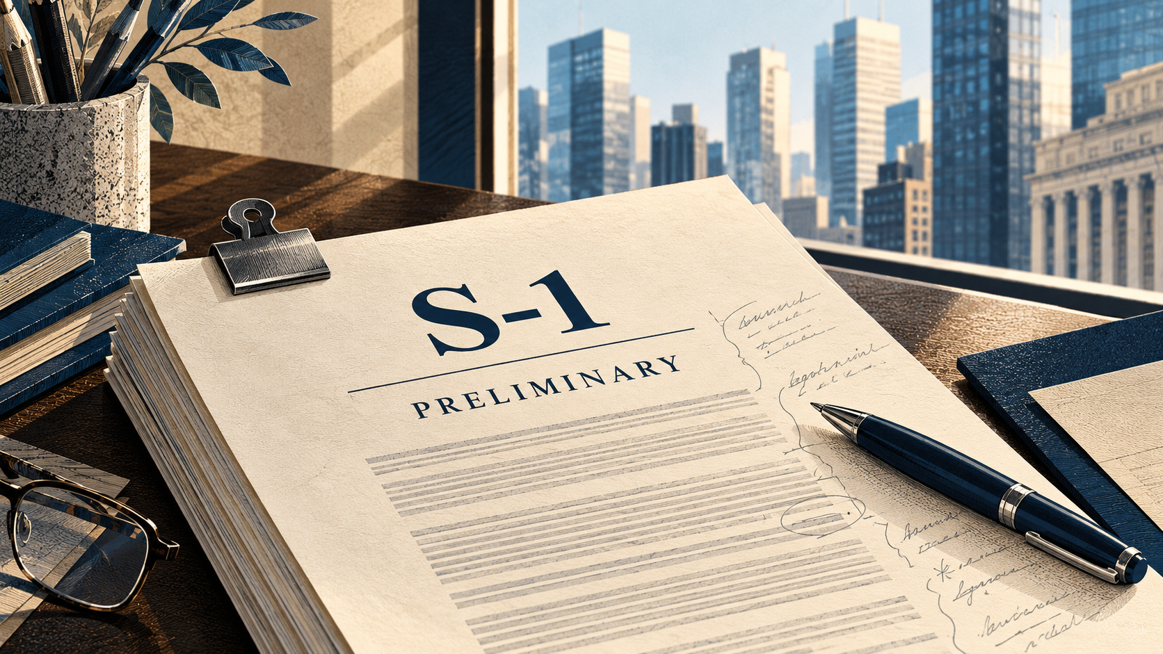 Original editorial illustration of a preliminary S-1 prospectus on a desk overlooking a financial district; not an actual filing photograph.