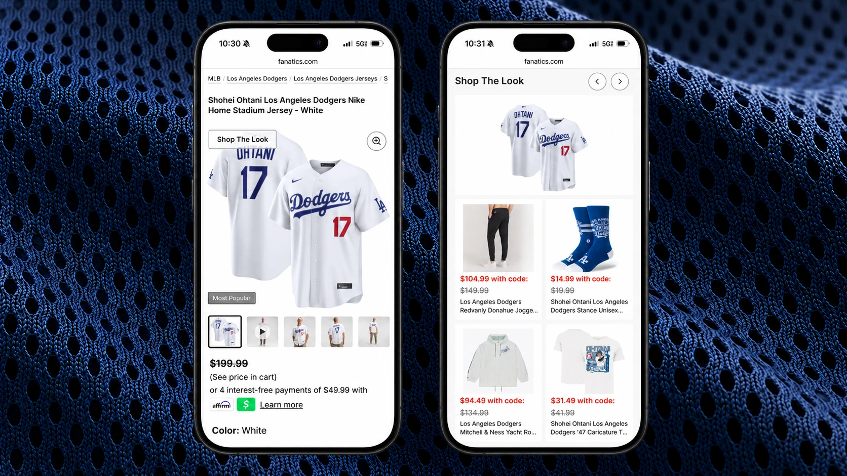 Fanatics product and Shop the Look recommendation screens for a Dodgers jersey, shown on two phones.