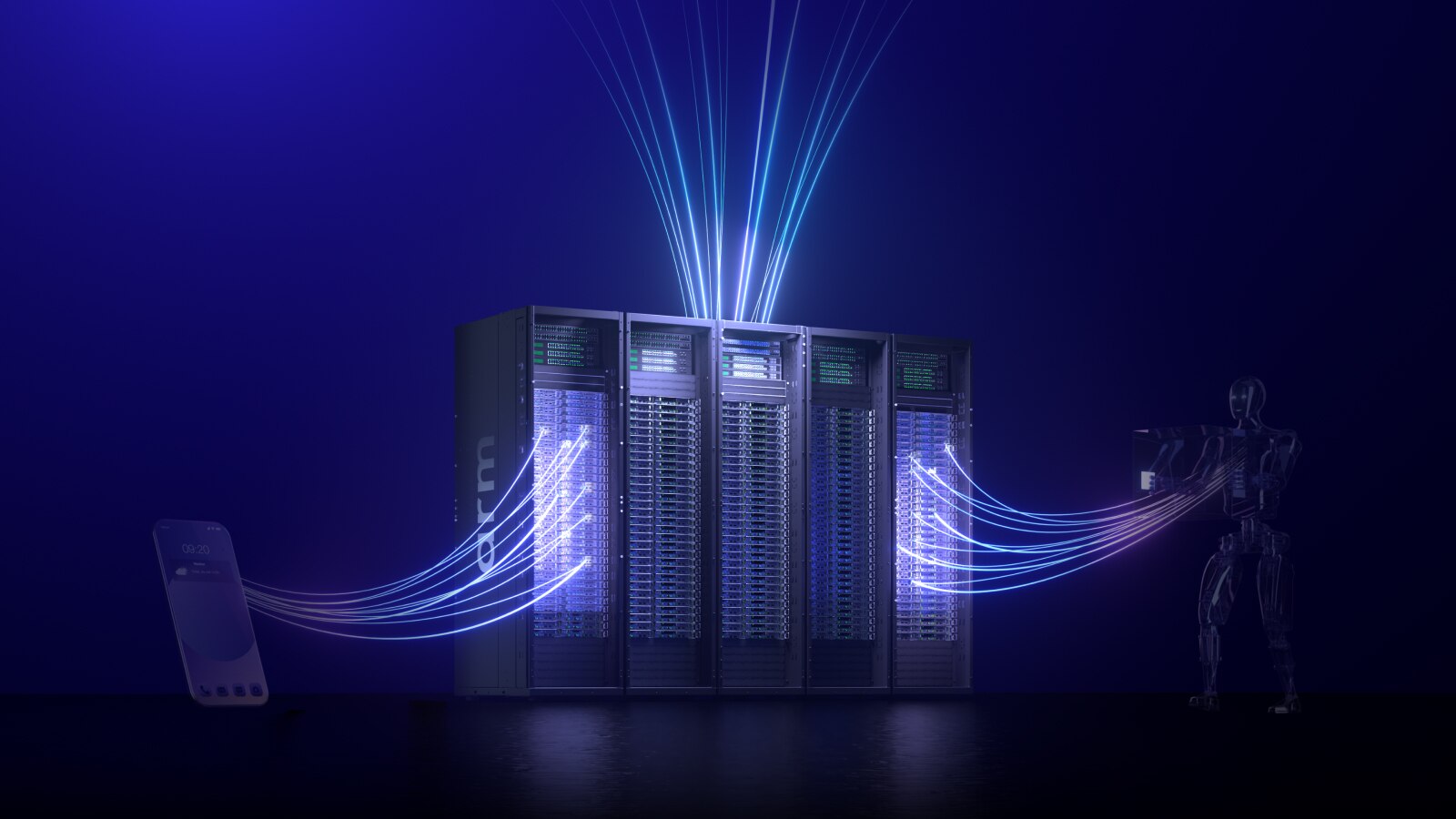 Arm illustration linking server racks with a phone and a humanoid robot using glowing lines; conceptual artwork, not a photograph of a deployed system.